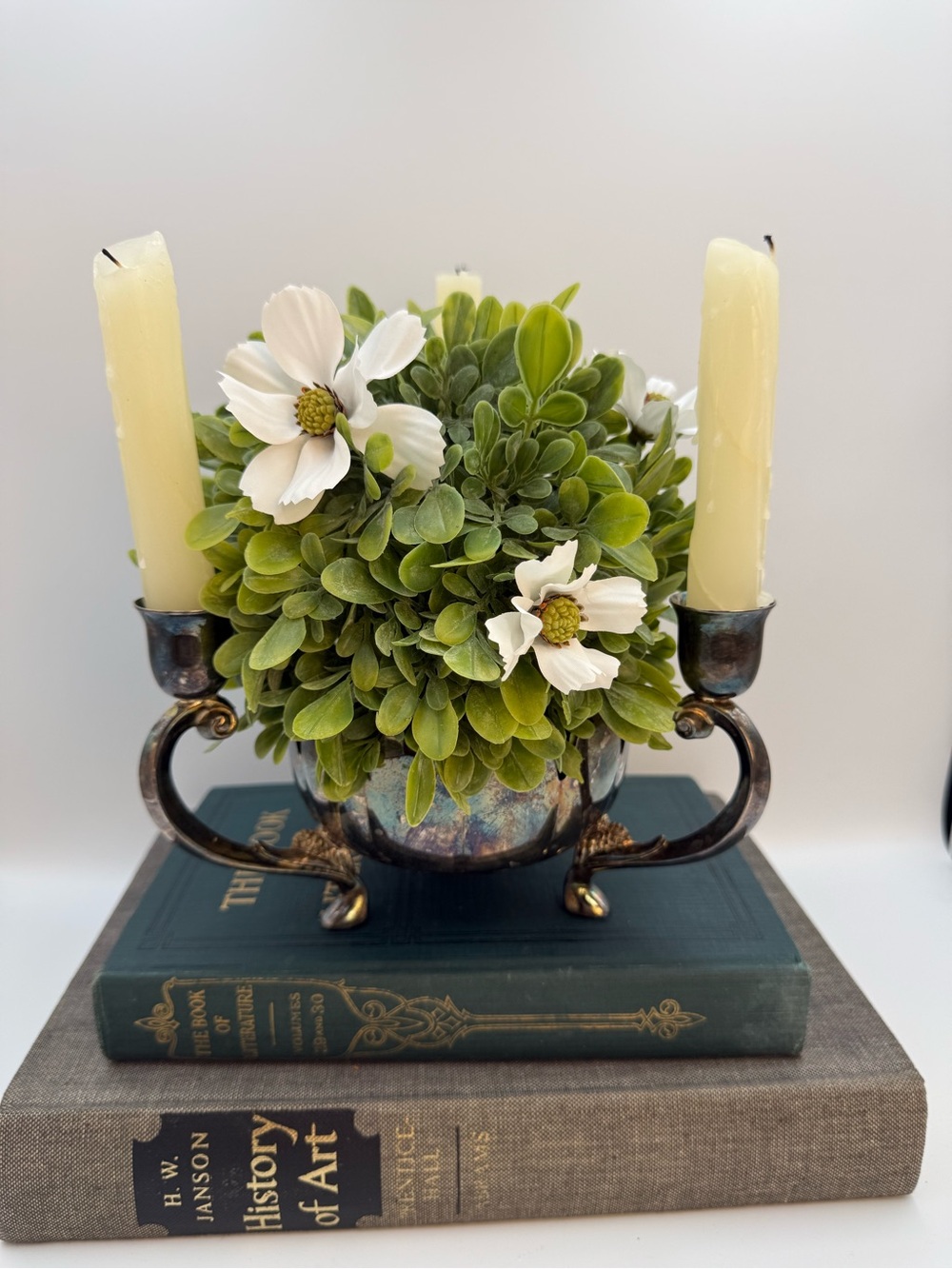 Vintage Leonard Silverplate Triple Candle Floral Centerpiece Heavy Tarnish